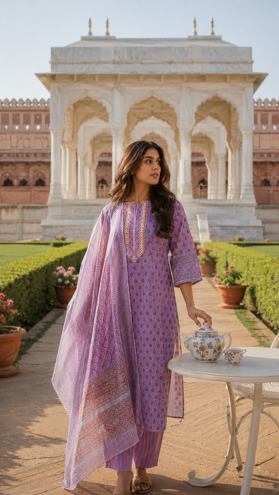 Pink cotton suit set with Kota Doria dupatta - styled look - EKOHUM