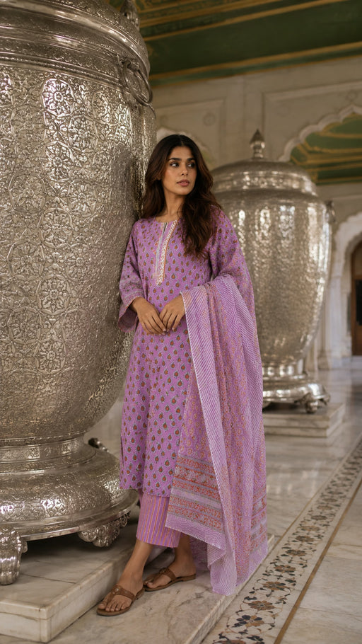 Pink cotton suit set with Kota Doria dupatta - fabric detail - EKOHUM