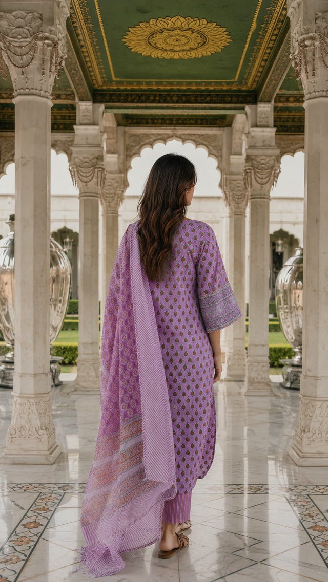 Pink Block Printed Cotton Lace Work Suit Set