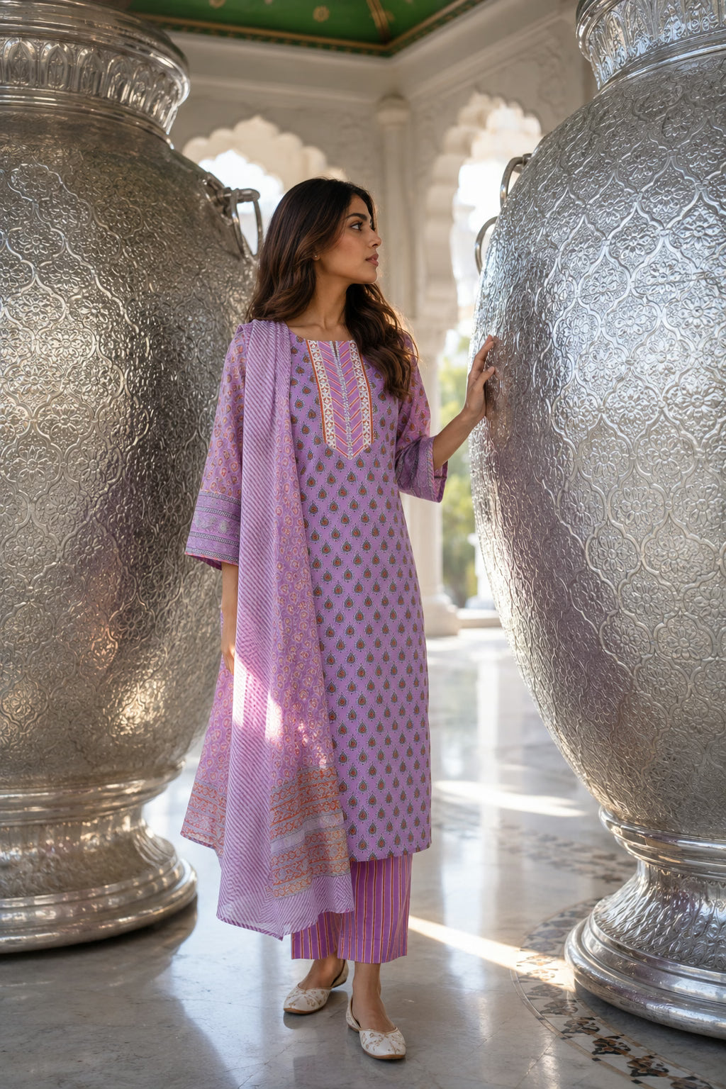 Pink cotton suit set with Kota Doria dupatta - festive styling - EKOHUM