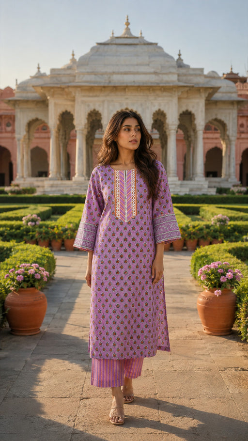 Pink hand block print cotton kurta pant set for women - fabric detail - EKOHUM