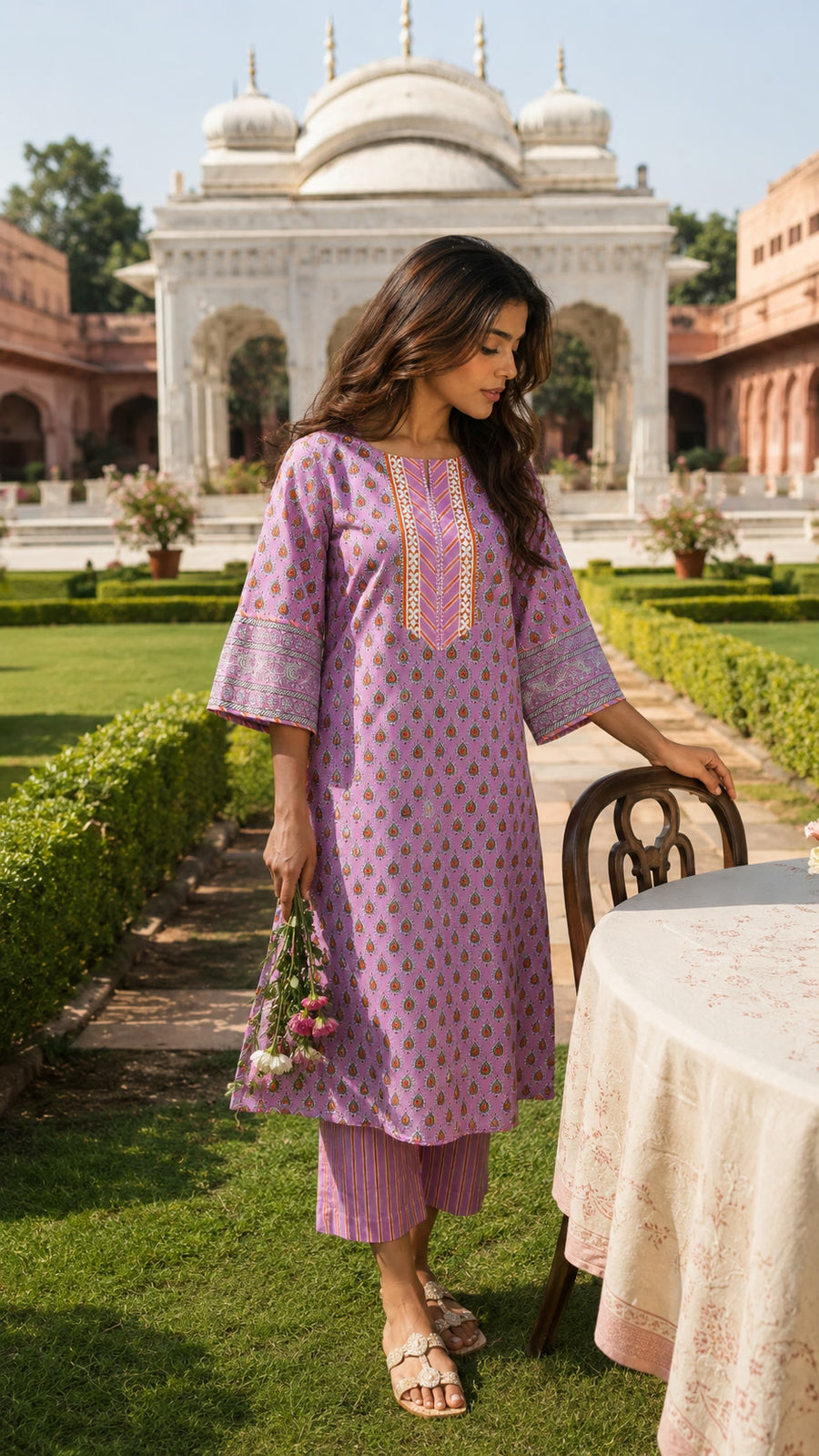 Pink hand block print cotton kurta pant set for women - close-up detail - EKOHUM