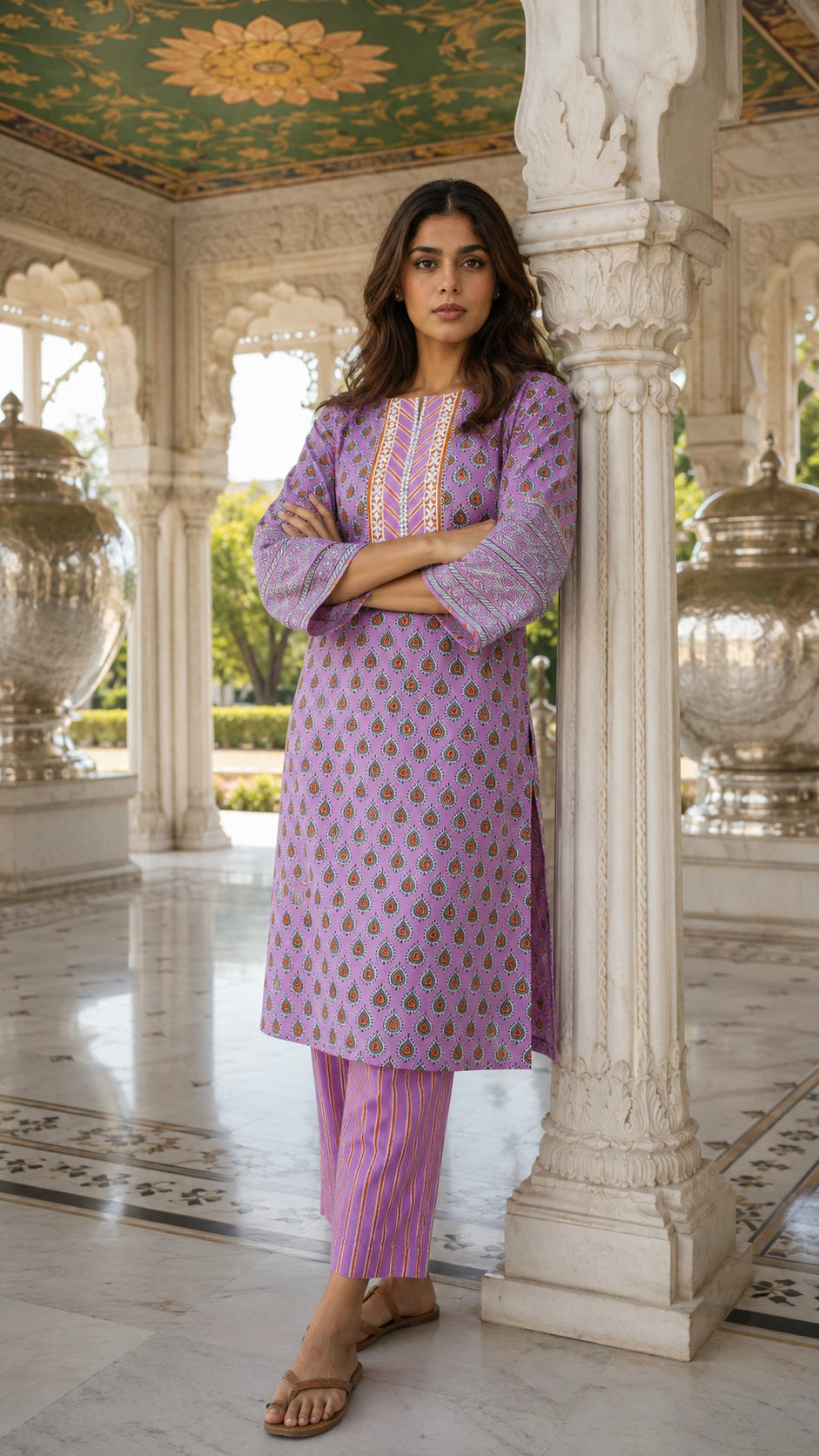 Pink hand block print cotton kurta pant set for women - back view - EKOHUM