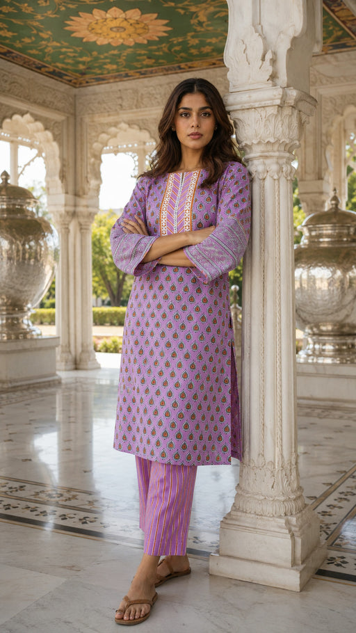 Pink hand block print cotton kurta pant set for women - back view - EKOHUM