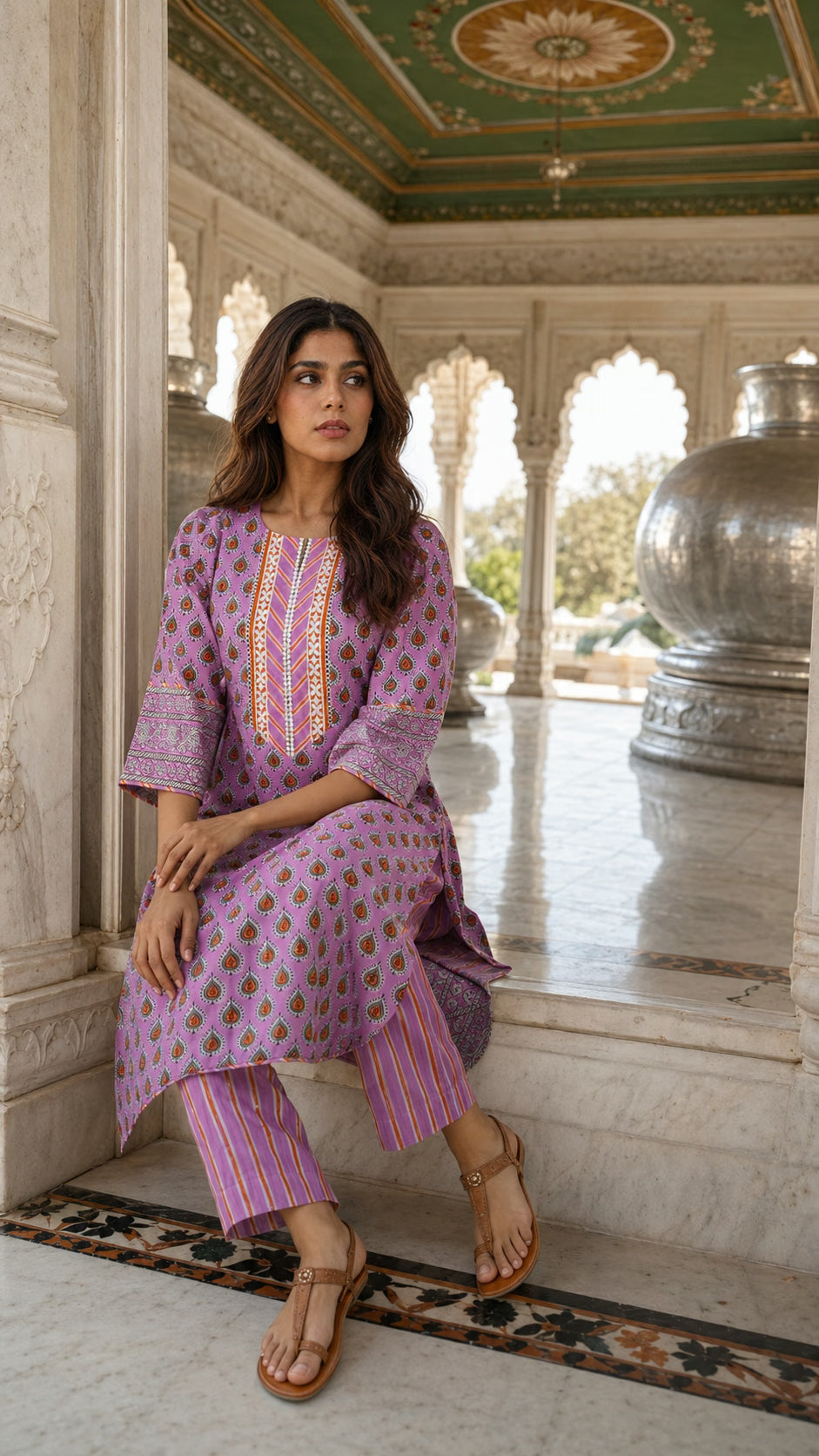 Pink hand block print cotton kurta pant set for women - styled look - EKOHUM