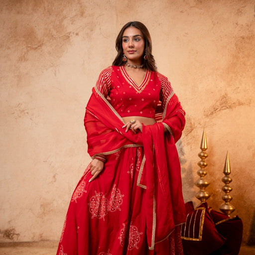 Red Cotton Skirt Set with Heavy Gota Work & Organza Dupatta