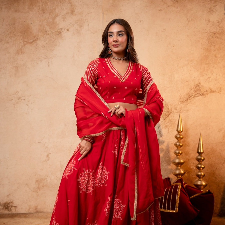 Red Cotton Skirt Set with Heavy Gota Work & Organza Dupatta