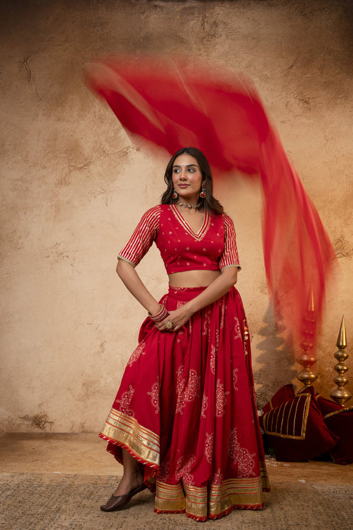 Red Cotton Skirt Set with Heavy Gota Work & Organza Dupatta