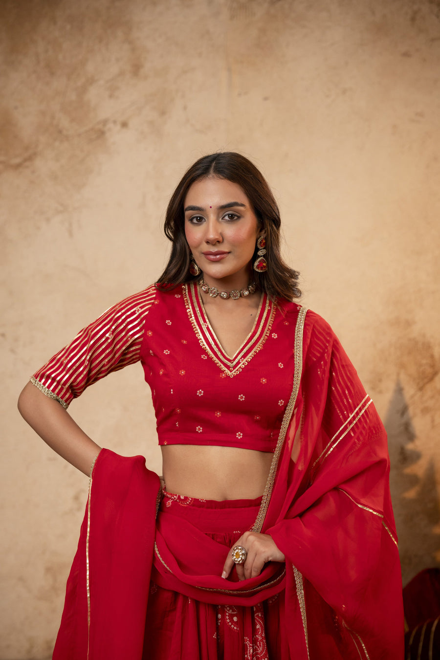 Red Cotton Skirt Set with Heavy Gota Work & Organza Dupatta