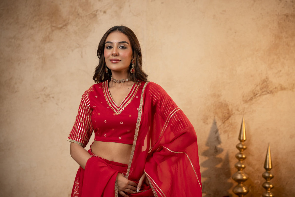 Red Cotton Skirt Set with Heavy Gota Work & Organza Dupatta