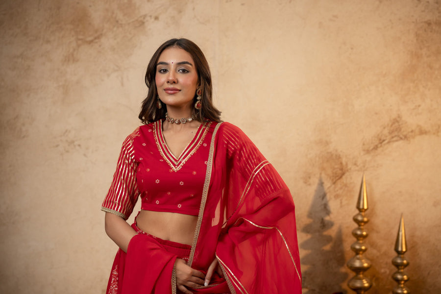 Red Cotton Skirt Set with Heavy Gota Work & Organza Dupatta