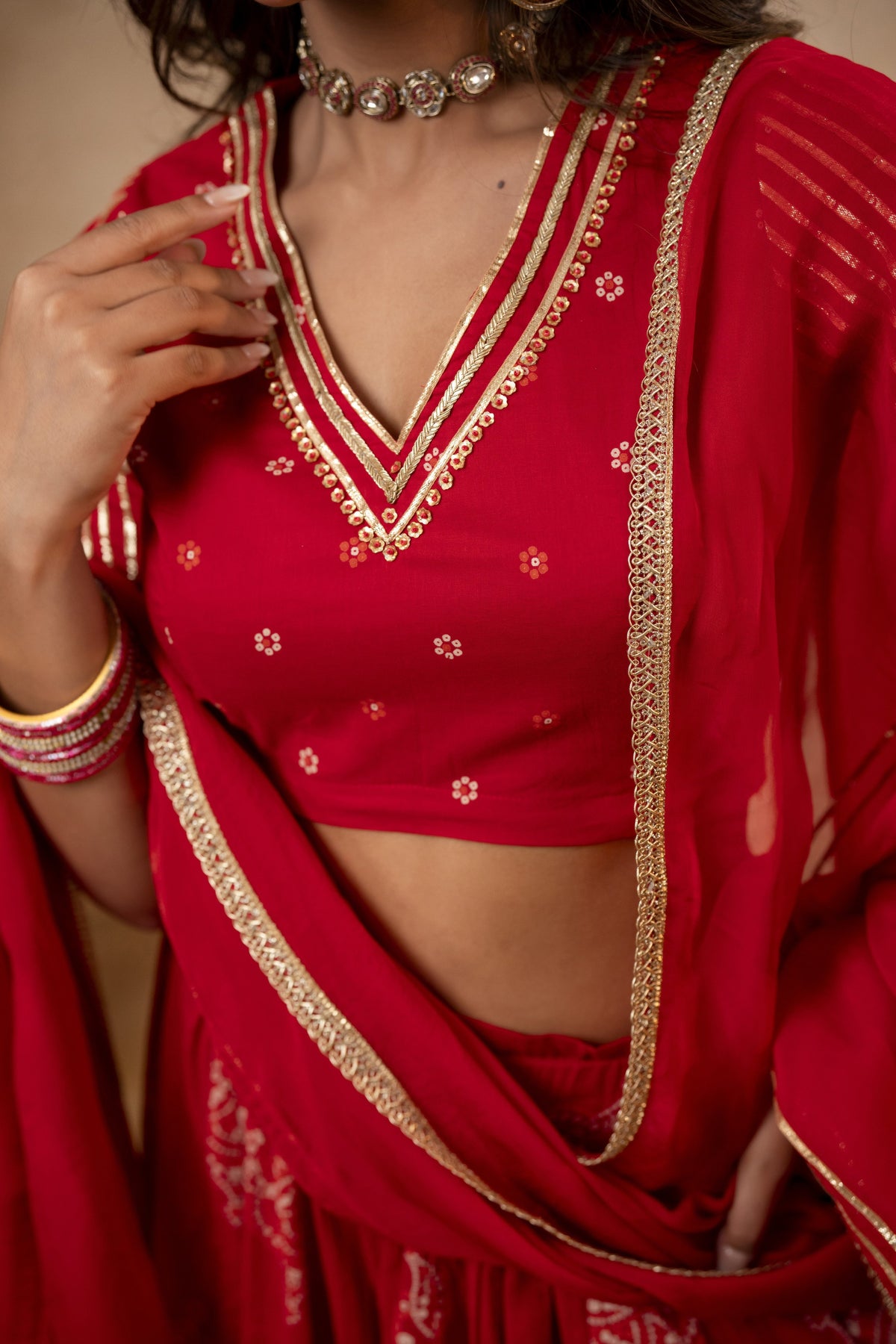 Red Cotton Skirt Set with Heavy Gota Work & Organza Dupatta