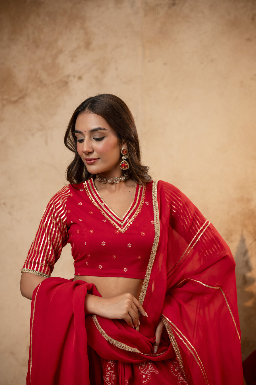 Red Cotton Skirt Set with Heavy Gota Work & Organza Dupatta