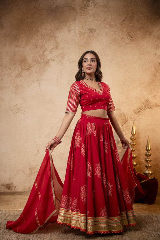 Red Cotton Skirt Set with Heavy Gota Work & Organza Dupatta