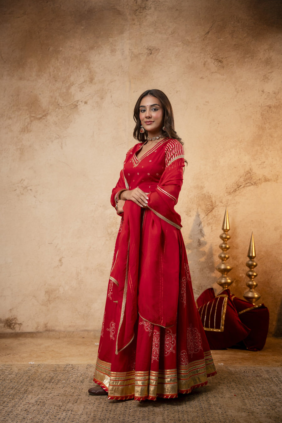 Red Cotton Skirt Set with Heavy Gota Work & Organza Dupatta