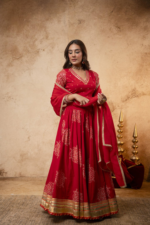 Red Cotton Skirt Set with Heavy Gota Work & Organza Dupatta