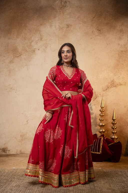 Red Cotton Skirt Set with Heavy Gota Work & Organza Dupatta