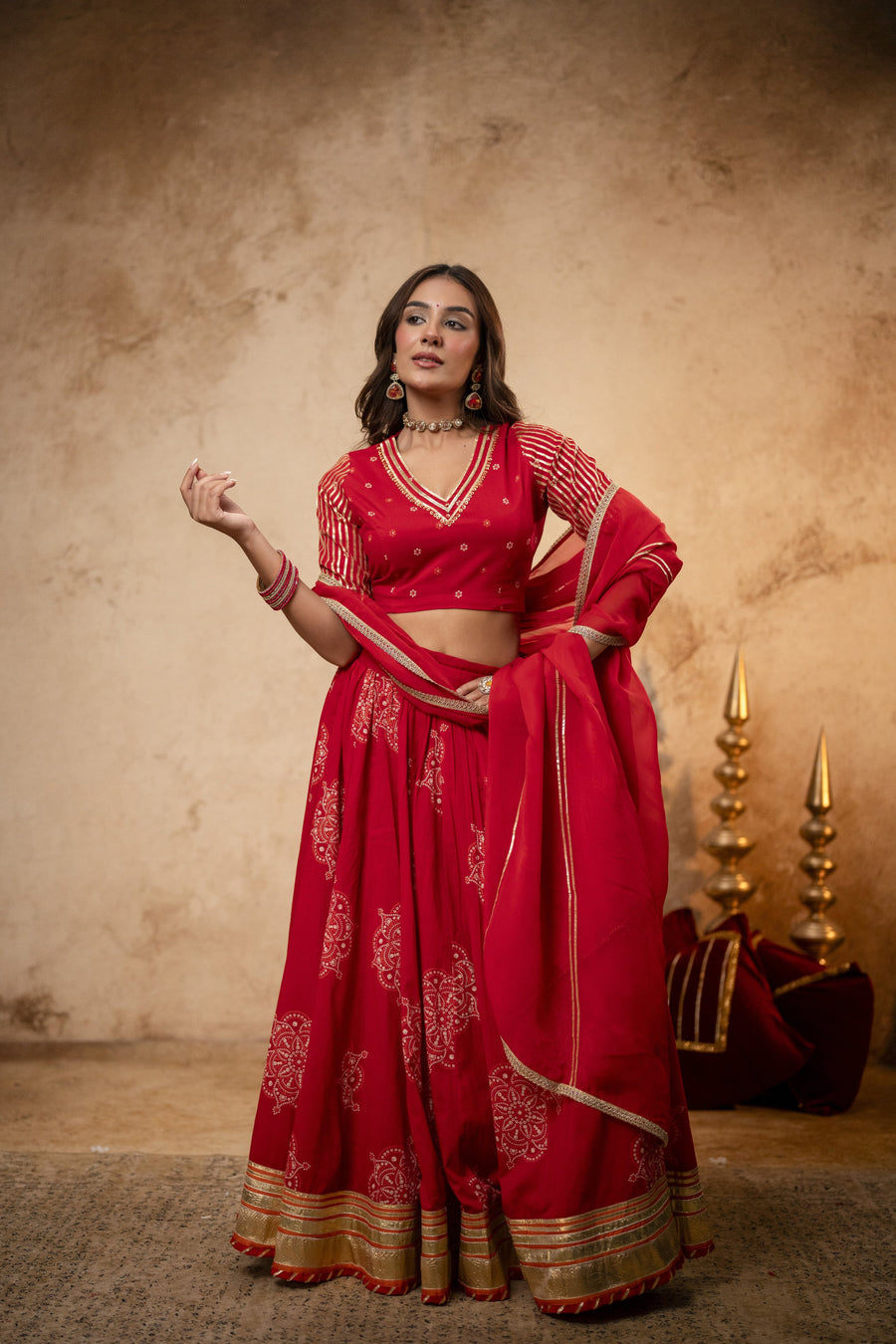 Red Cotton Skirt Set with Heavy Gota Work & Organza Dupatta