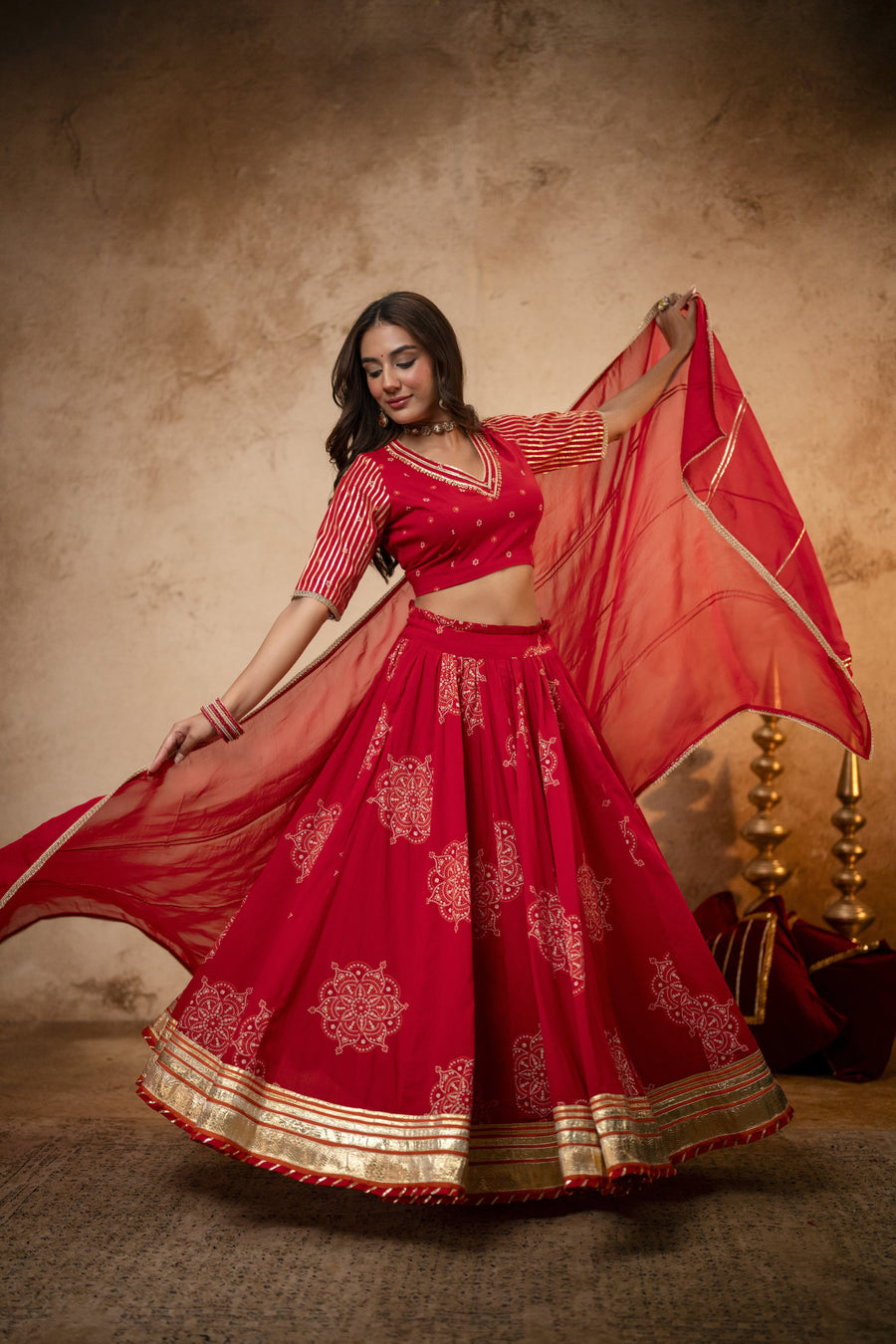 Red Cotton Skirt Set with Heavy Gota Work & Organza Dupatta