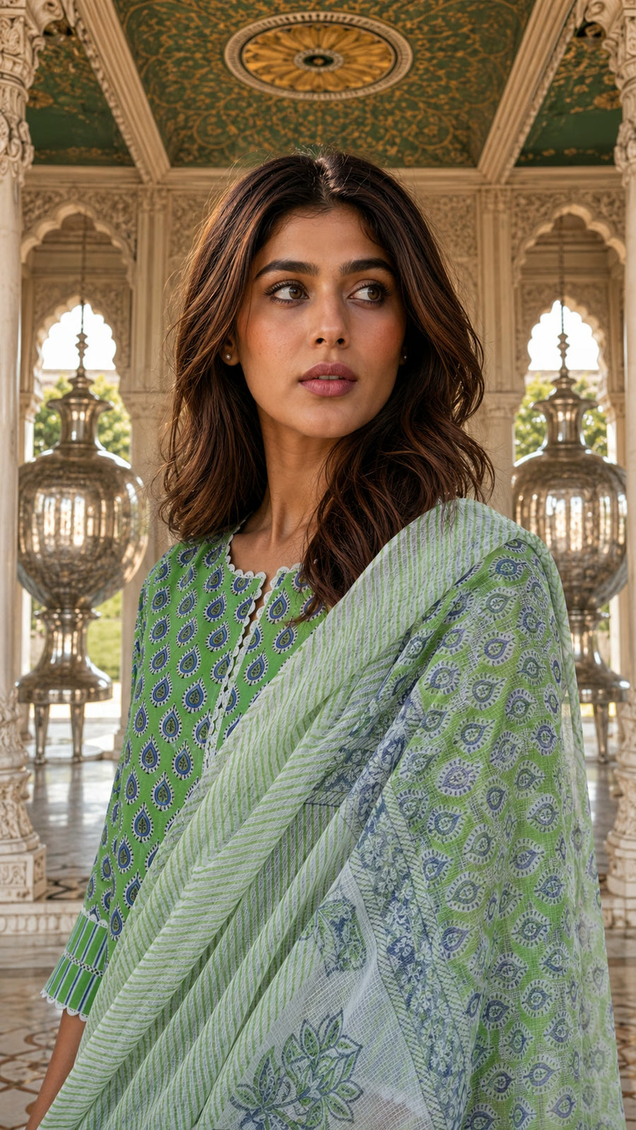 Green farshi salwar suit set with dupatta - styled look - EKOHUM