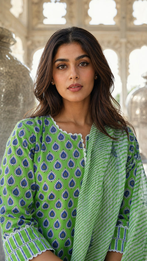 Green Block Printed Cotton Suit Set with Lace Work