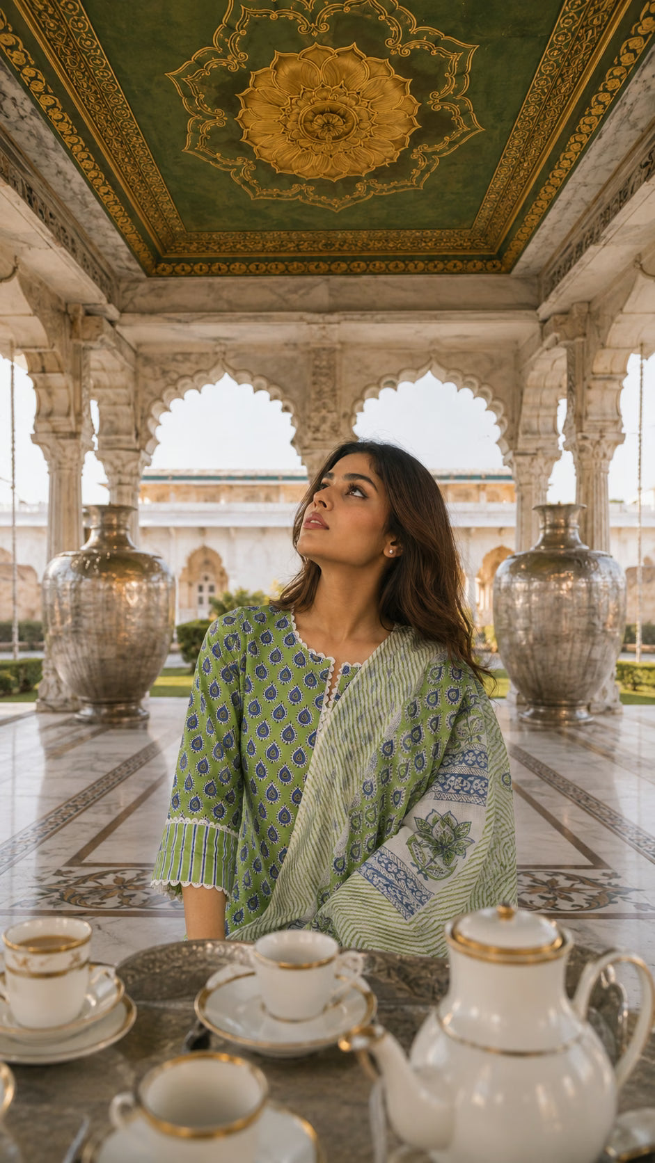 Green Block Printed Cotton Suit Set with Lace Work