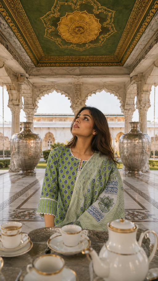 Green Block Printed Cotton Suit Set with Lace Work