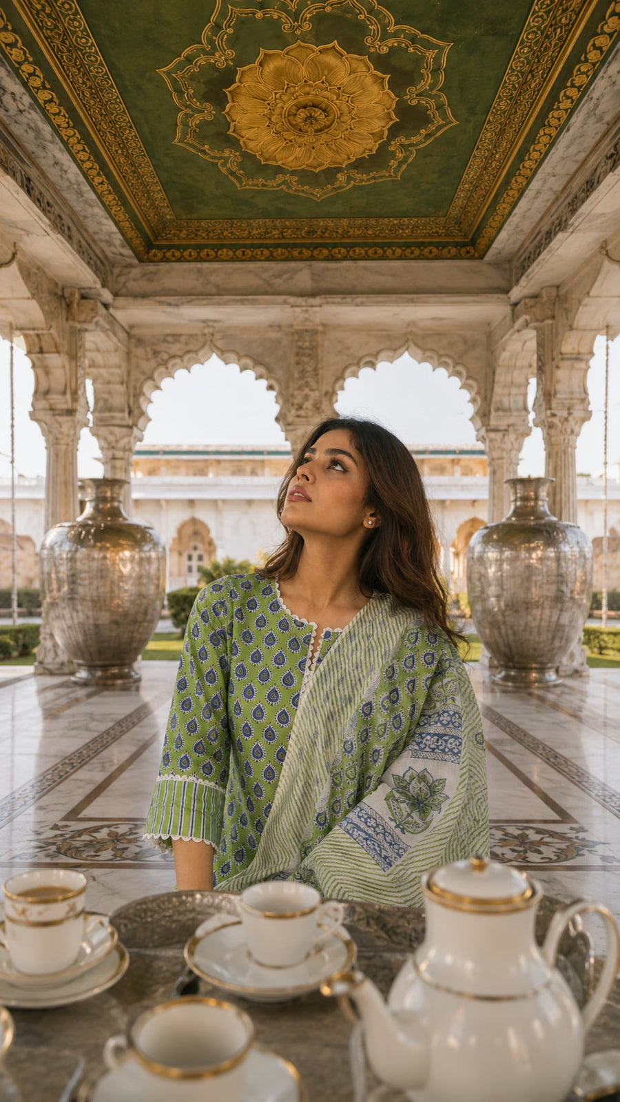 Green Block Printed Cotton Suit Set with Lace Work