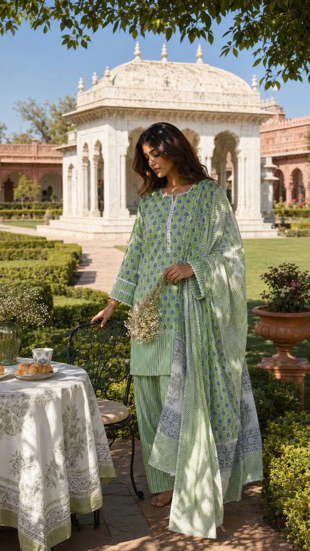 Green Block Printed Cotton Suit Set with Lace Work