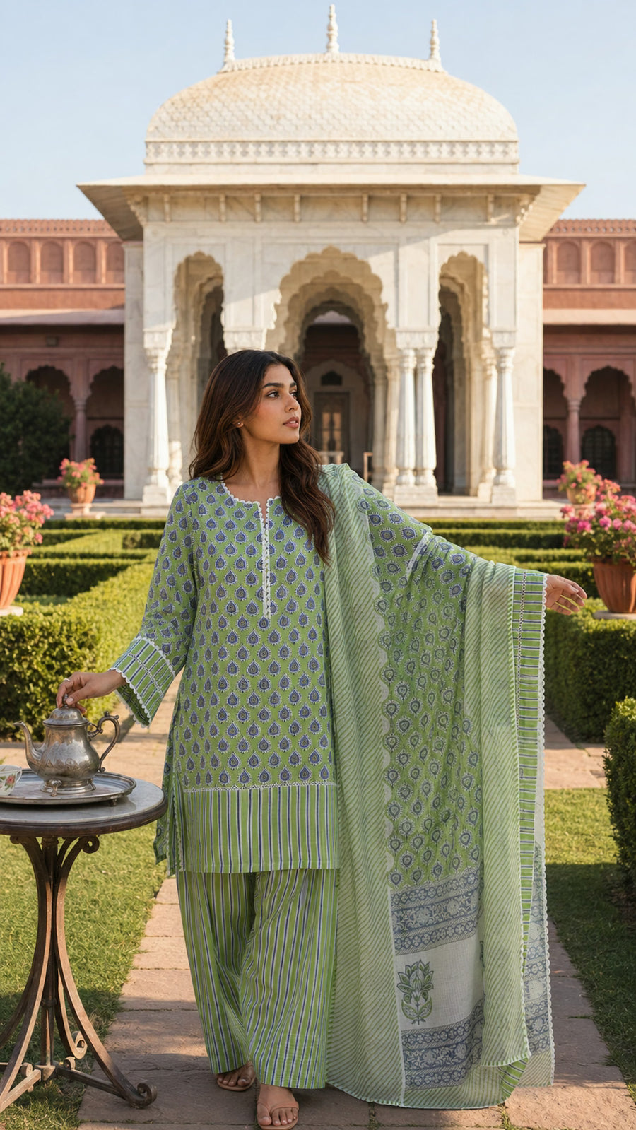 Green Block Printed Cotton Suit Set with Lace Work
