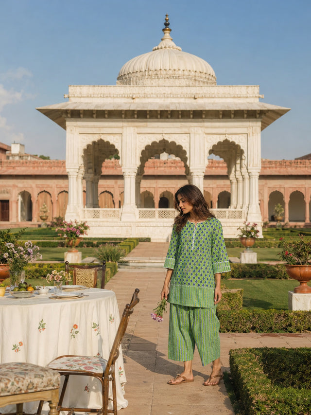 Green Block Printed Cotton Kurta Farshi Salwar Set