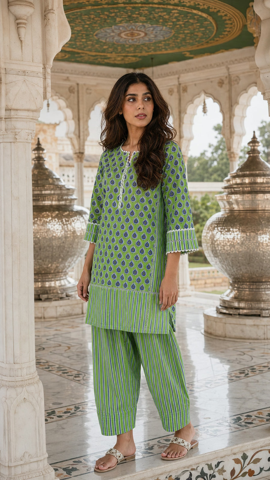 Green hand block print cotton kurta farshi salwar set - fabric detail - EKOHUM