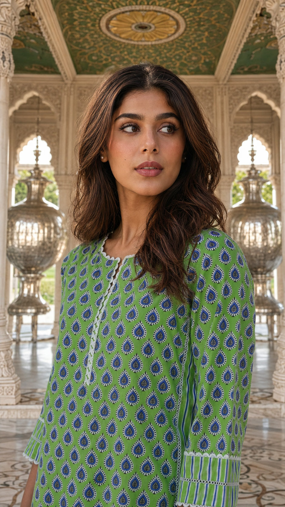 Green hand block print cotton kurta farshi salwar set - back view - EKOHUM