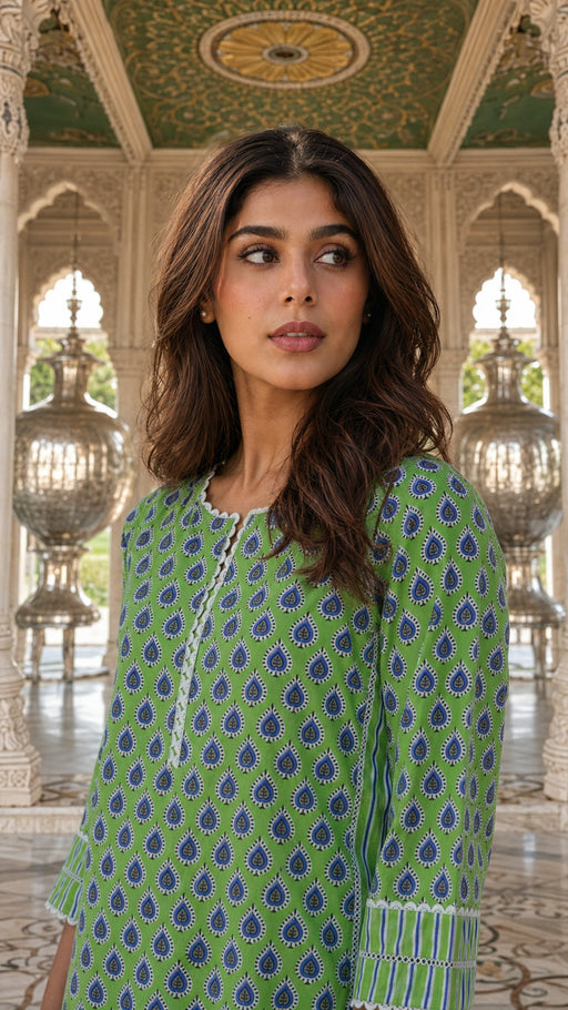 Green hand block print cotton kurta farshi salwar set - back view - EKOHUM