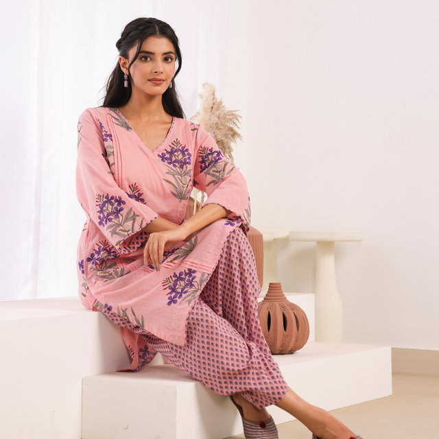 Pink Printed Cotton Mulmul Pleated Kurta Set
