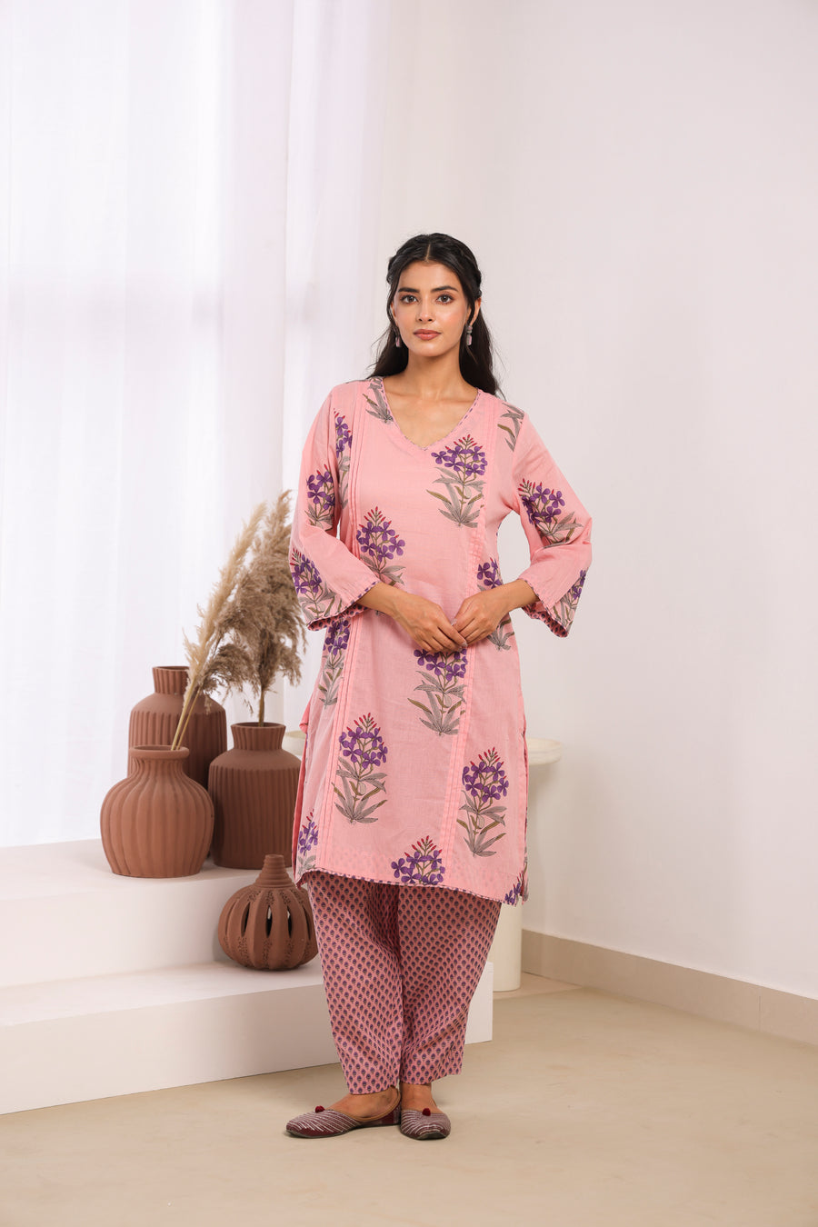 Pink Printed Cotton Mulmul Pleated Kurta Set