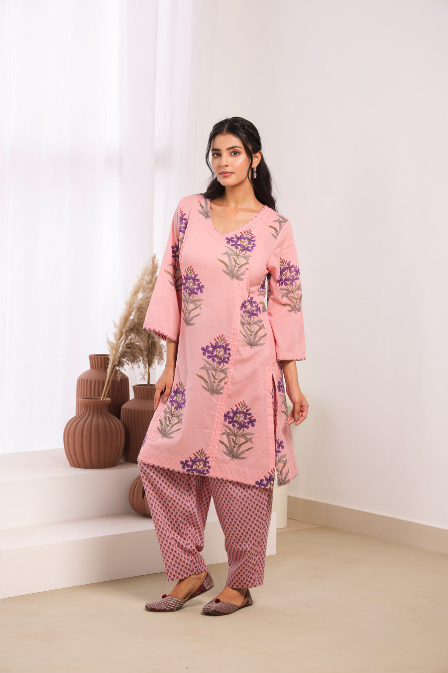 Pink Printed Cotton Mulmul Pleated Kurta Set