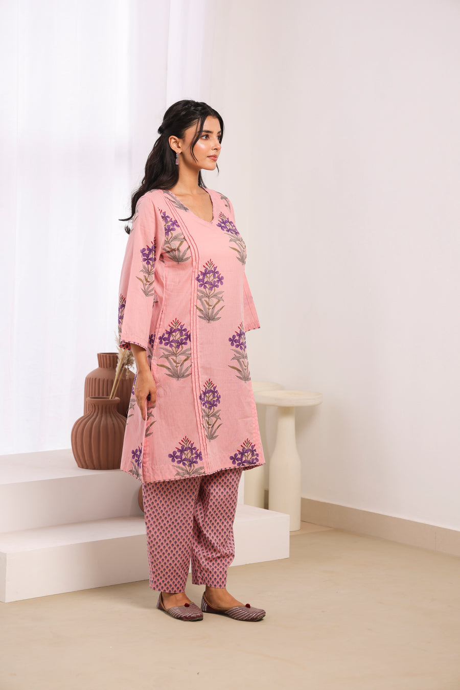 Pink Printed Cotton Mulmul Pleated Kurta Set