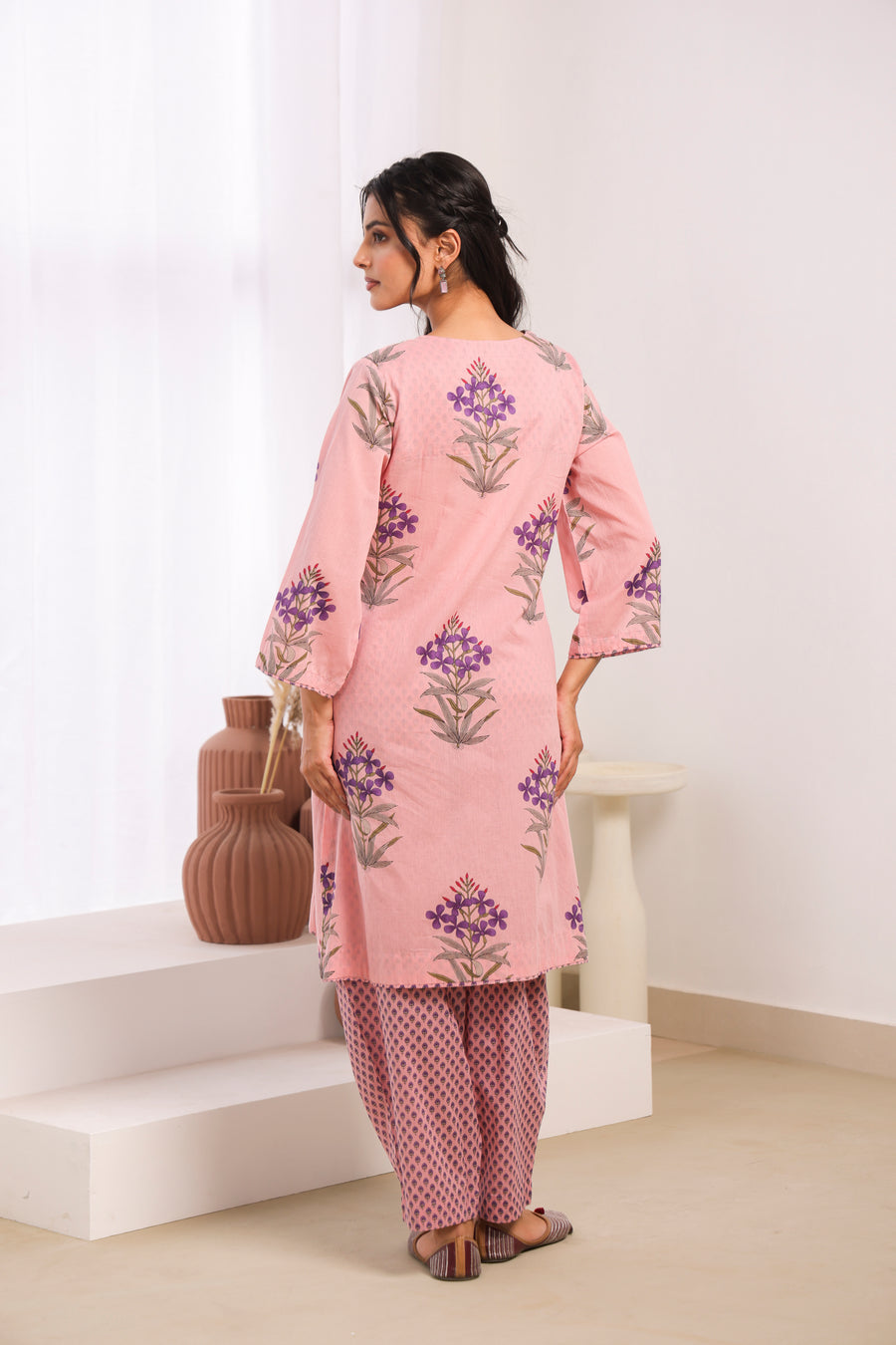 Pink Printed Cotton Mulmul Pleated Kurta Set