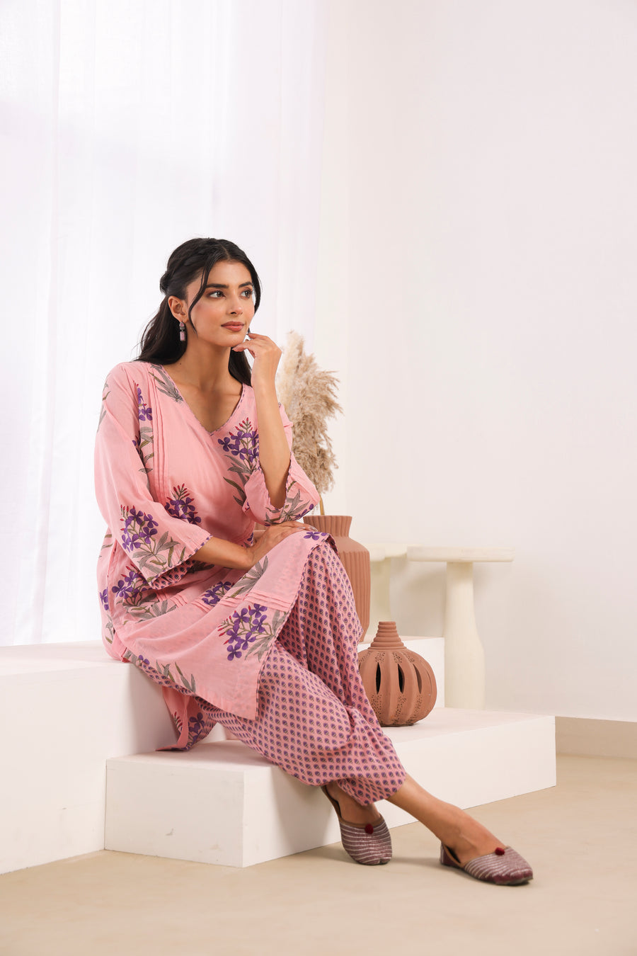 Pink Printed Cotton Mulmul Pleated Kurta Set