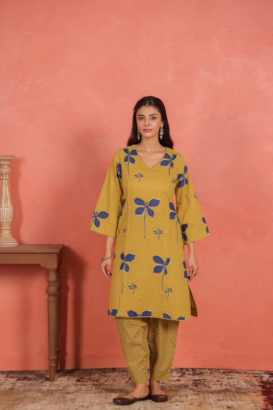 Yellow Cotton Slub Pleated Kurta with Afghani Pant