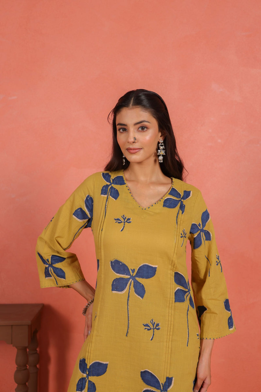 Yellow Cotton Slub Pleated Kurta with Afghani Pant