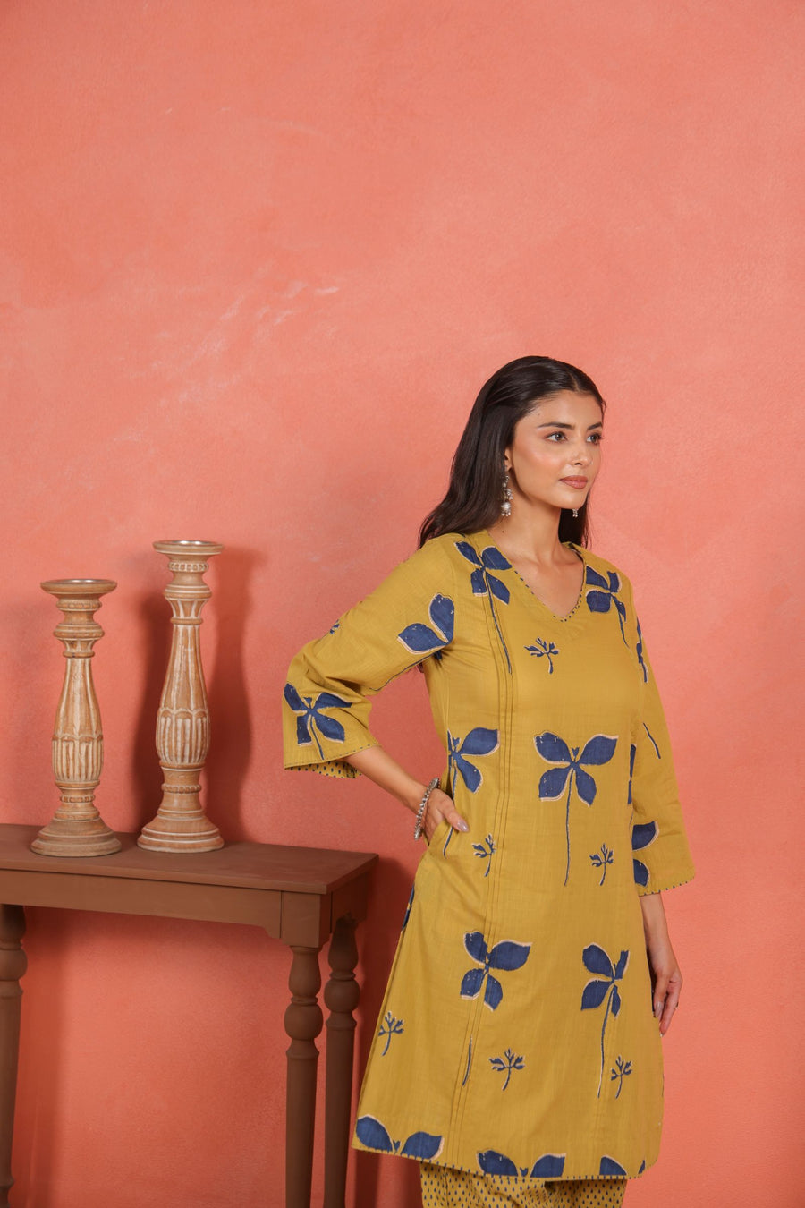 Yellow Cotton Slub Pleated Kurta with Afghani Pant