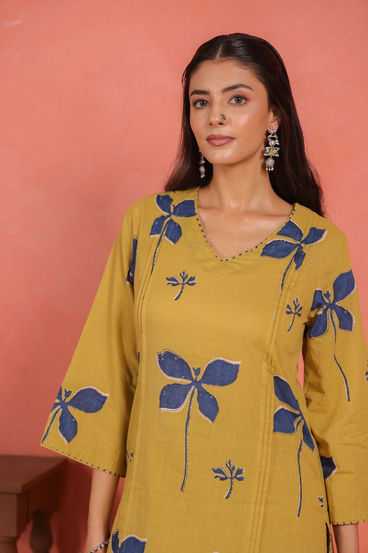 Yellow Cotton Slub Pleated Kurta with Afghani Pant