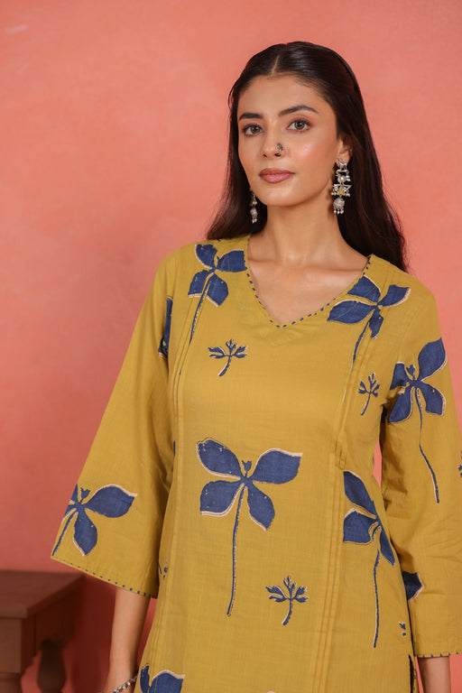 Yellow Cotton Slub Pleated Kurta with Afghani Pant