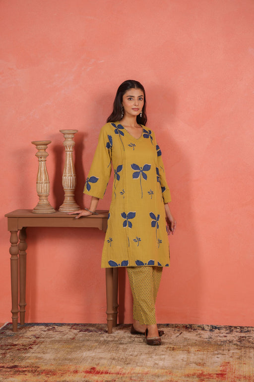 Yellow Cotton Slub Pleated Kurta with Afghani Pant