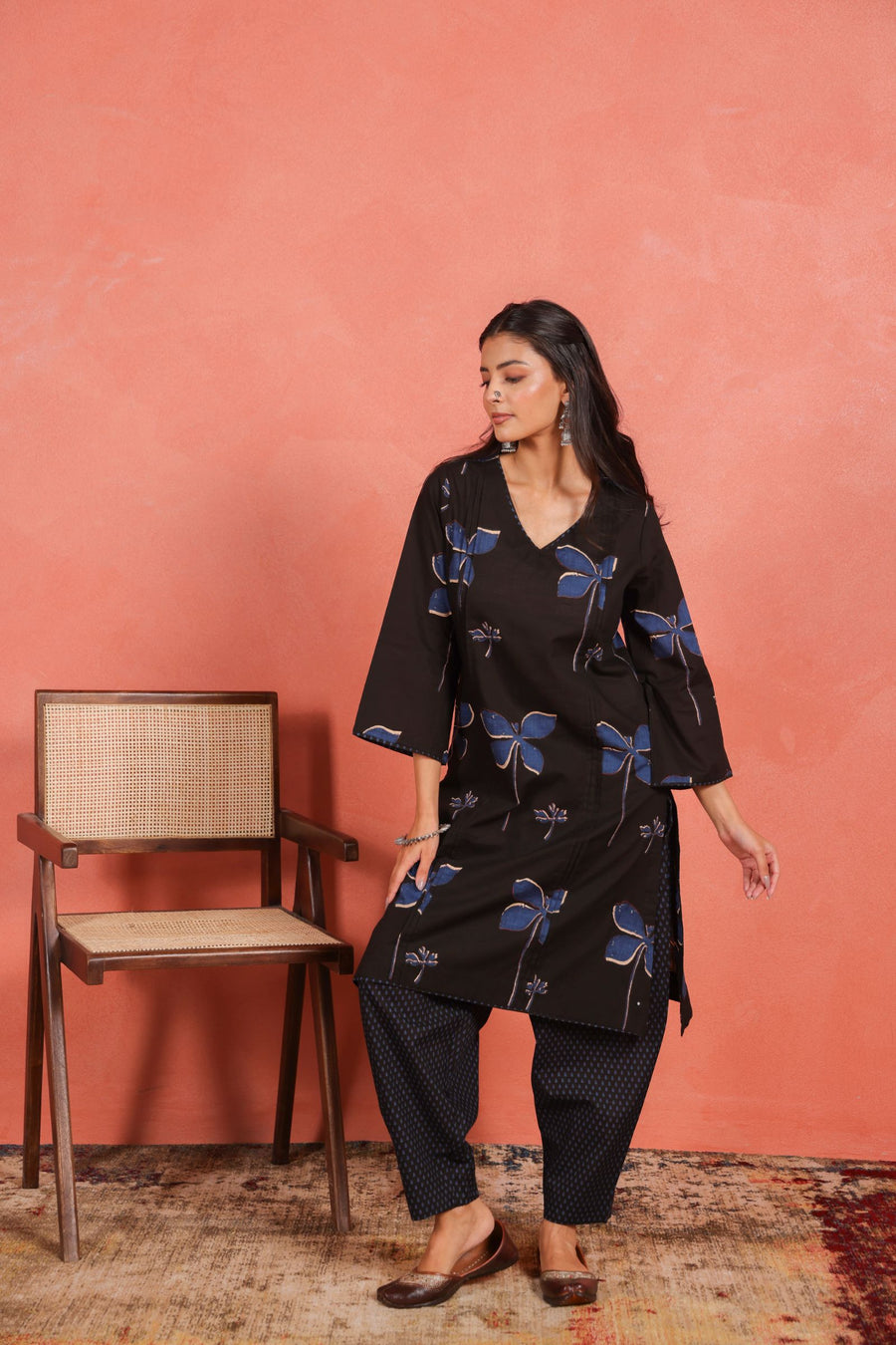 Black Cotton Slub Pleated Kurta with Afghani Pant