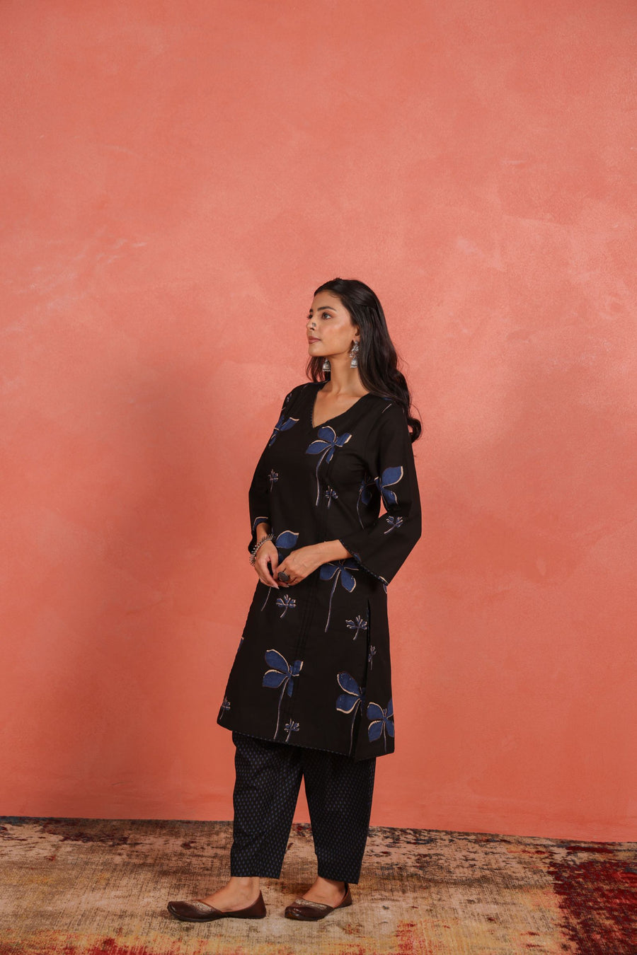 Black Cotton Slub Pleated Kurta with Afghani Pant