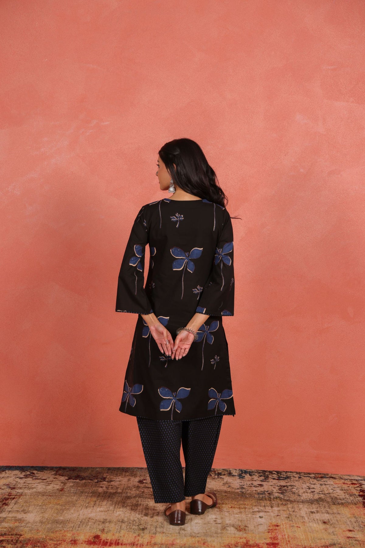 Black Cotton Slub Pleated Kurta with Afghani Pant