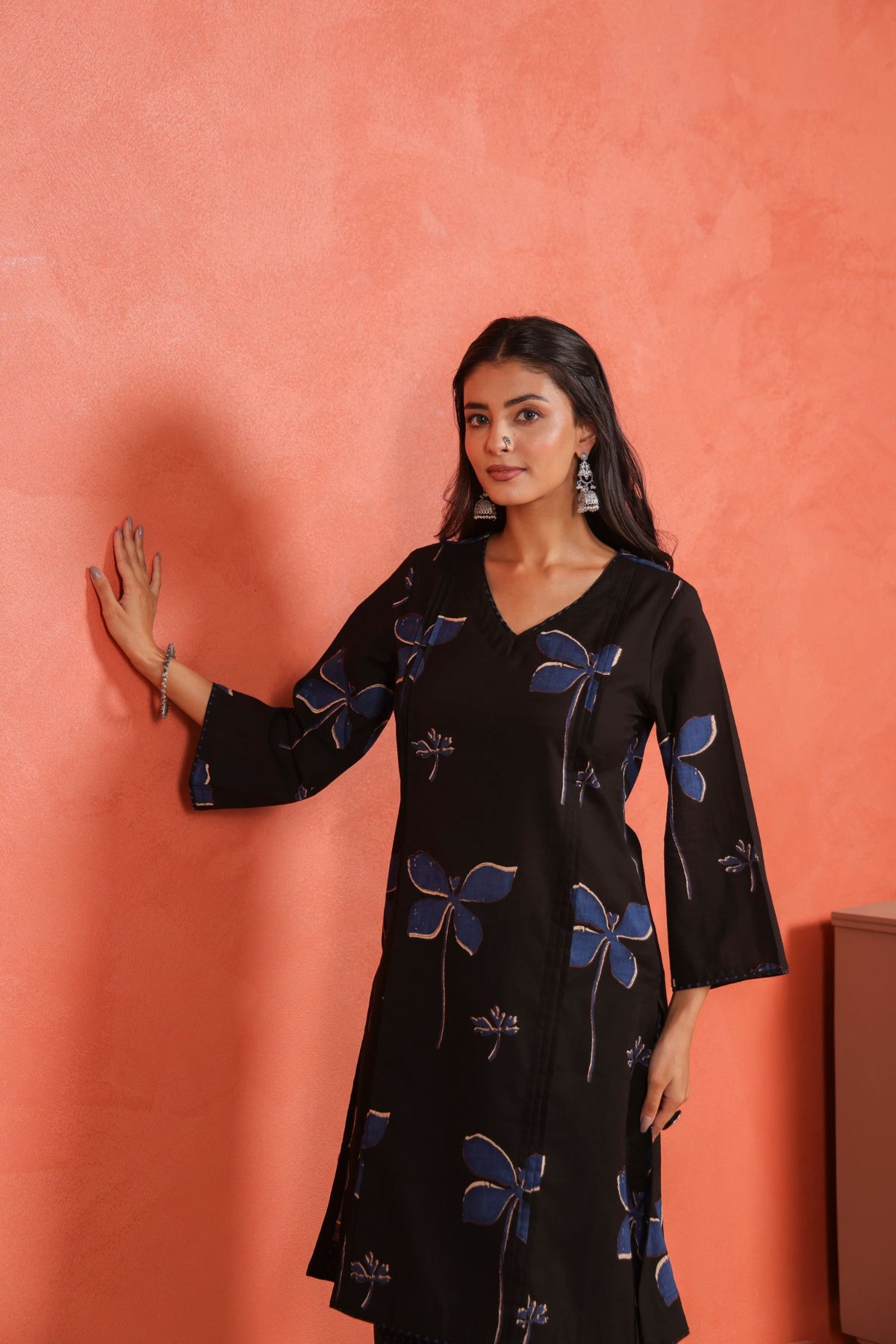 Black Cotton Slub Pleated Kurta with Afghani Pant